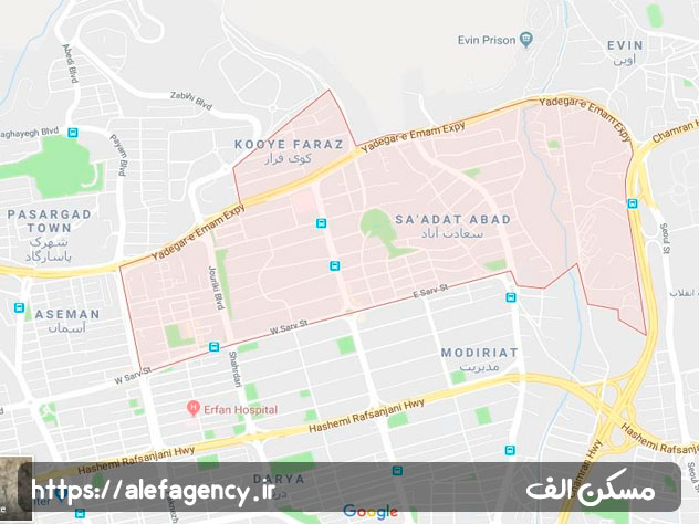 پلیگان محله سعادت آباد بر روی نقشه گوگل مپ
